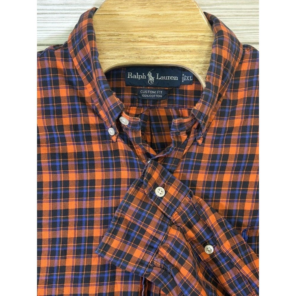 Ralph Lauren Men's Cotton Orange Navy Plaid Long Sleeve Button Up Shirt XLarge